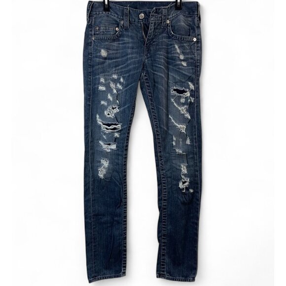 True Religion Denim - True Religion Blue Denim Slim Fit Jeans With Rips & Faded Detailing - Casual Sty